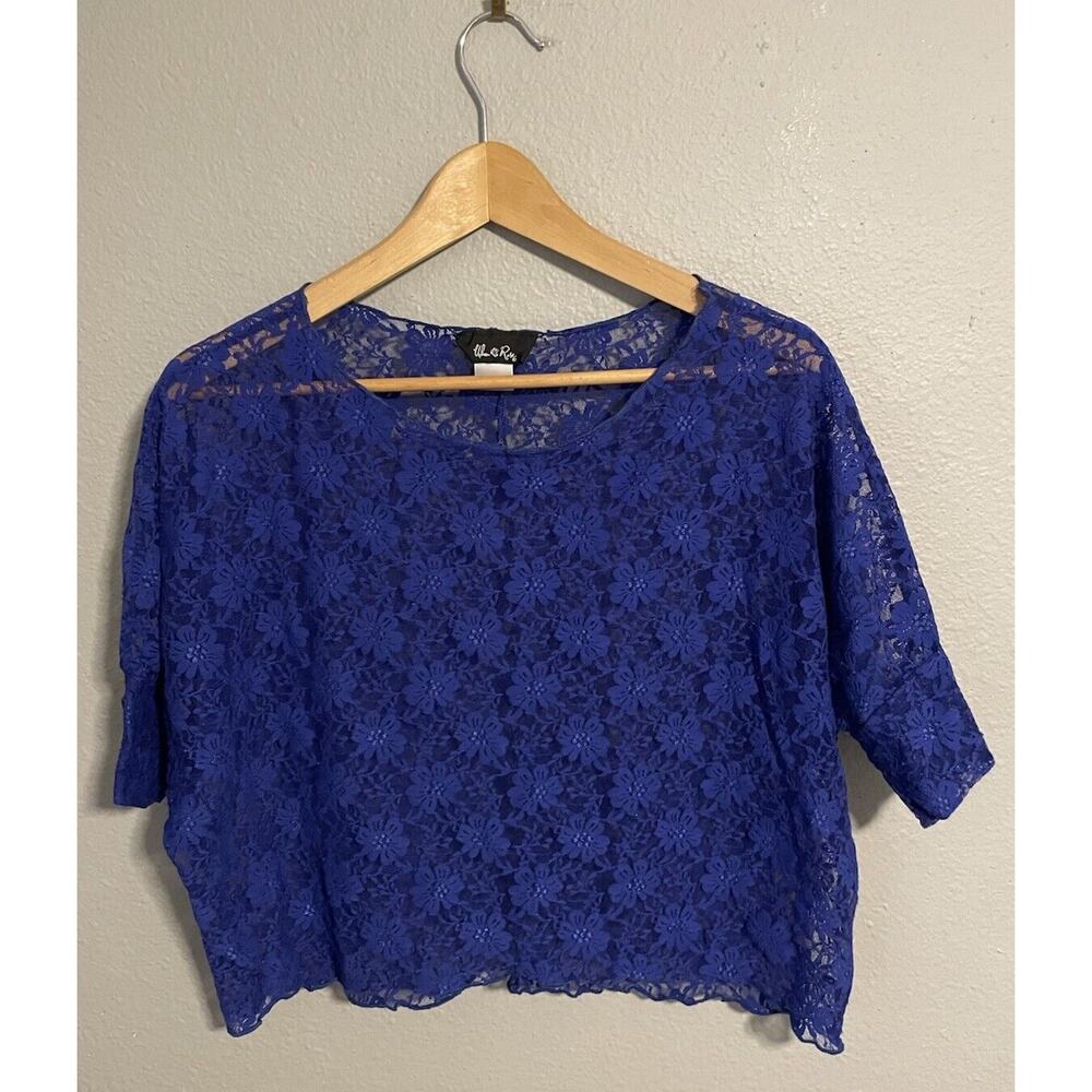 Vintage Urban Rose Womens Top Large Blue Floral Mesh Sheer Cropped Artsy READ